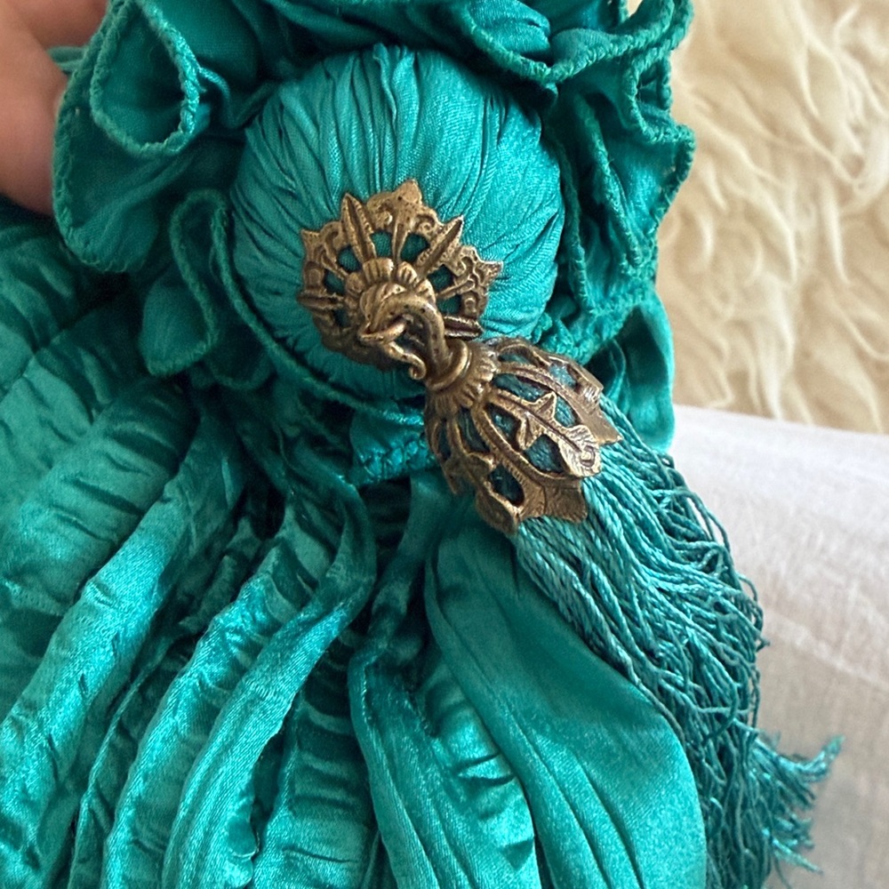 Vintage Teal Drawstring Tassel Evening Pouch - Picture 6 of 6